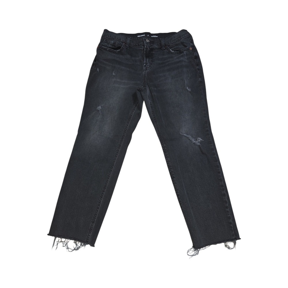 Old Navy Jeans Women 4 Petite Black Mid-Rise Boyfriend Distressed Raw Hem Denim